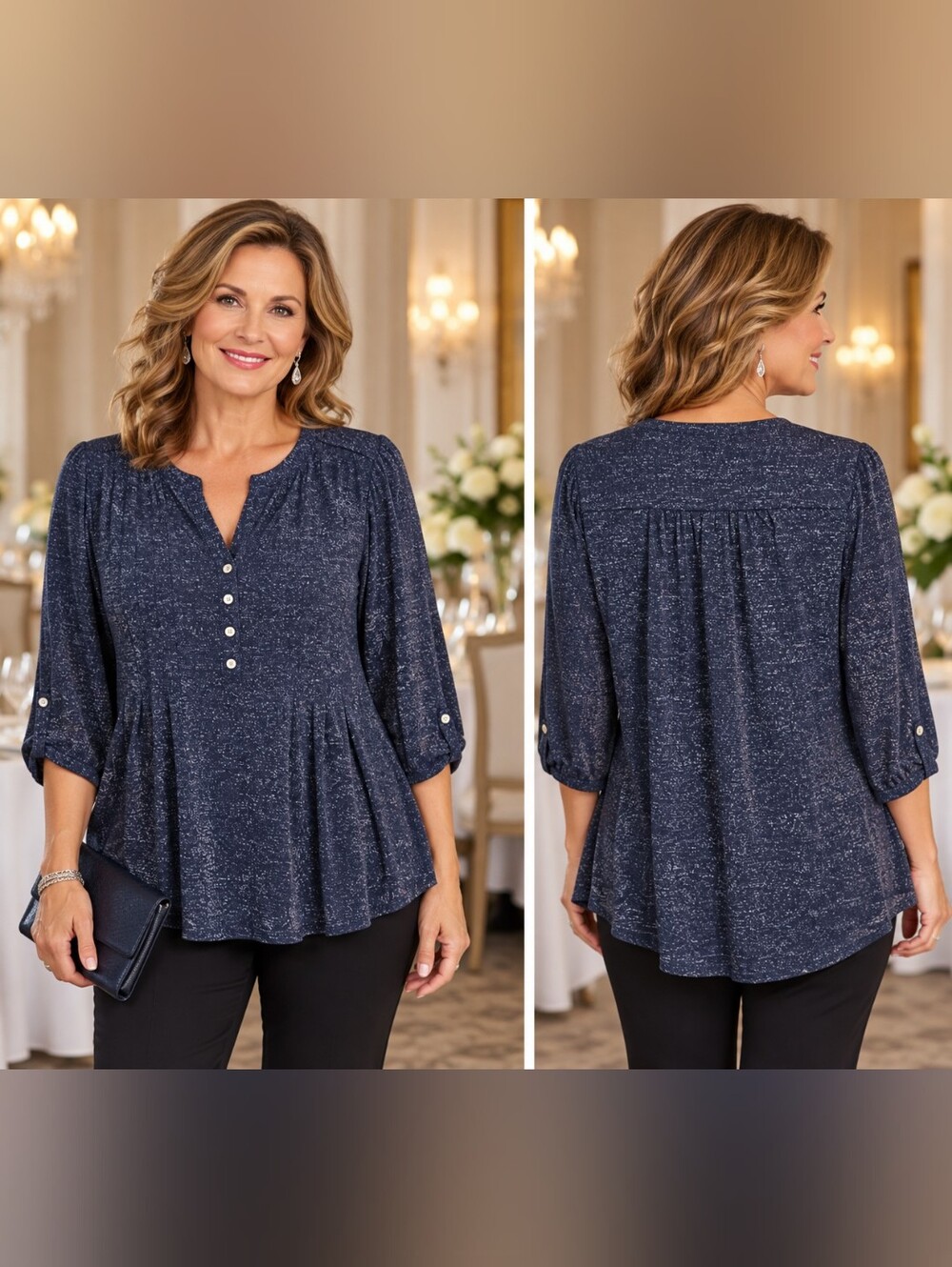 Kim Rogers Women’s 1X Dark Blue Silver Metallic V-Neck Pullover 3/4 Sleeve Top